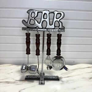 Vintage Brutalist 1960s Bar Tool Set with Stand, Wood Handles Complete 4 Set